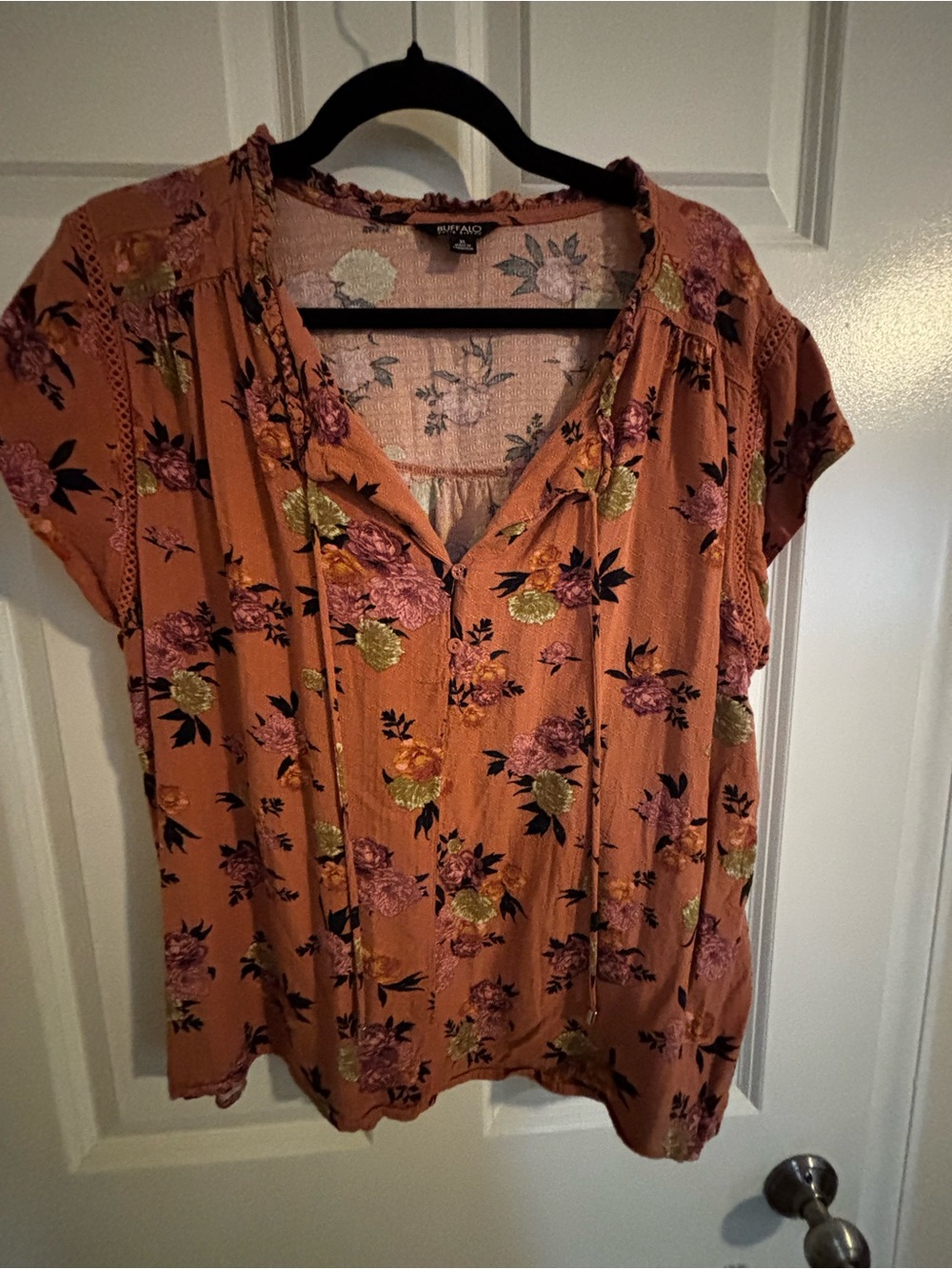 Buffalo David Bitton Rust Floral Tie-Front Blouse with Pink and Green Accents